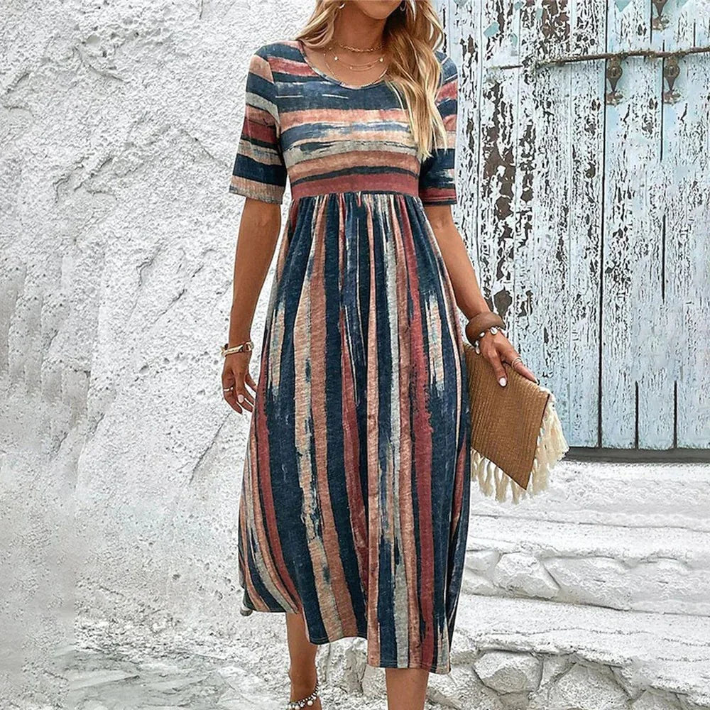 HOLLY | ELEGANT STRIPED TUMMY-COVERAGE MIDI DRESS