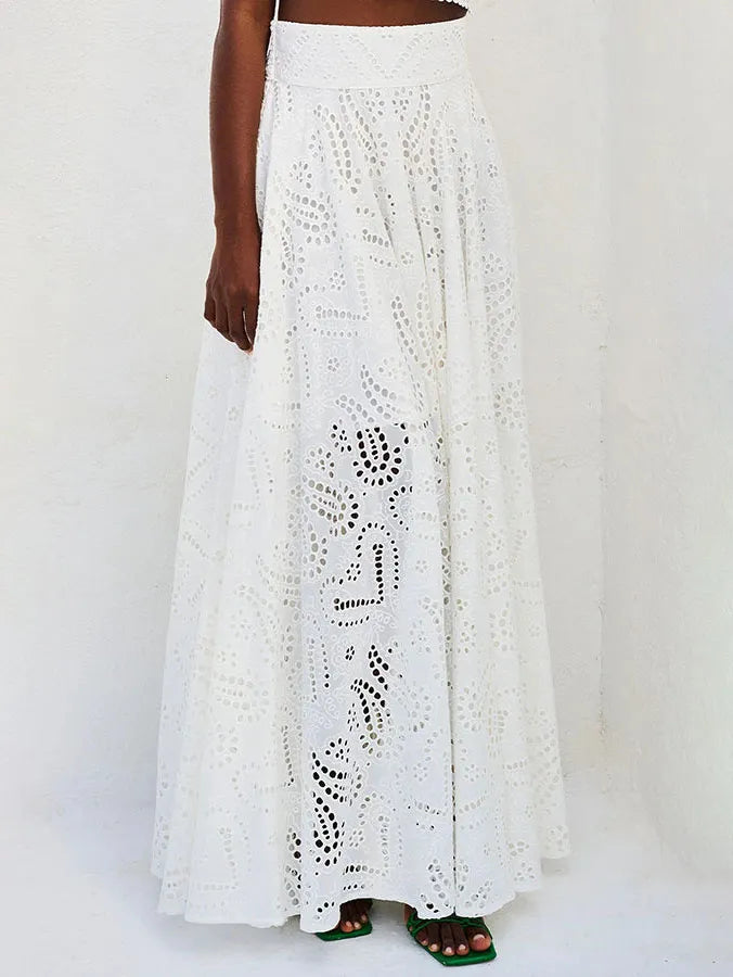 LILA™ | Long A-Line Skirt with Embroidered Hollow Lace