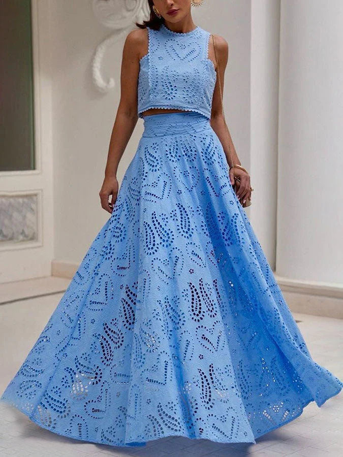 LILA™ | Long A-Line Skirt with Embroidered Hollow Lace