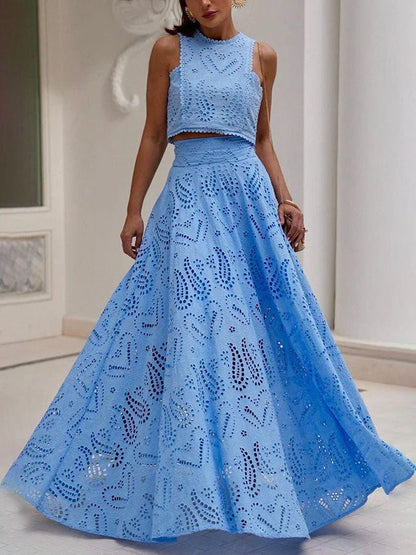 LILA™ | Long A-Line Skirt with Embroidered Hollow Lace