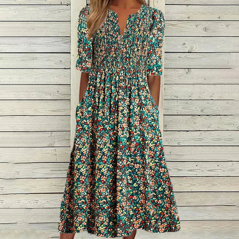 DANICA | ELEGANT FLORAL TUMMY-COVERAGE MIDI DRESS