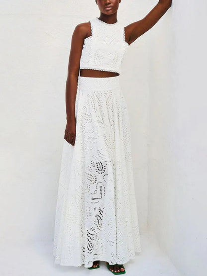 LILA™ | Long A-Line Skirt with Embroidered Hollow Lace