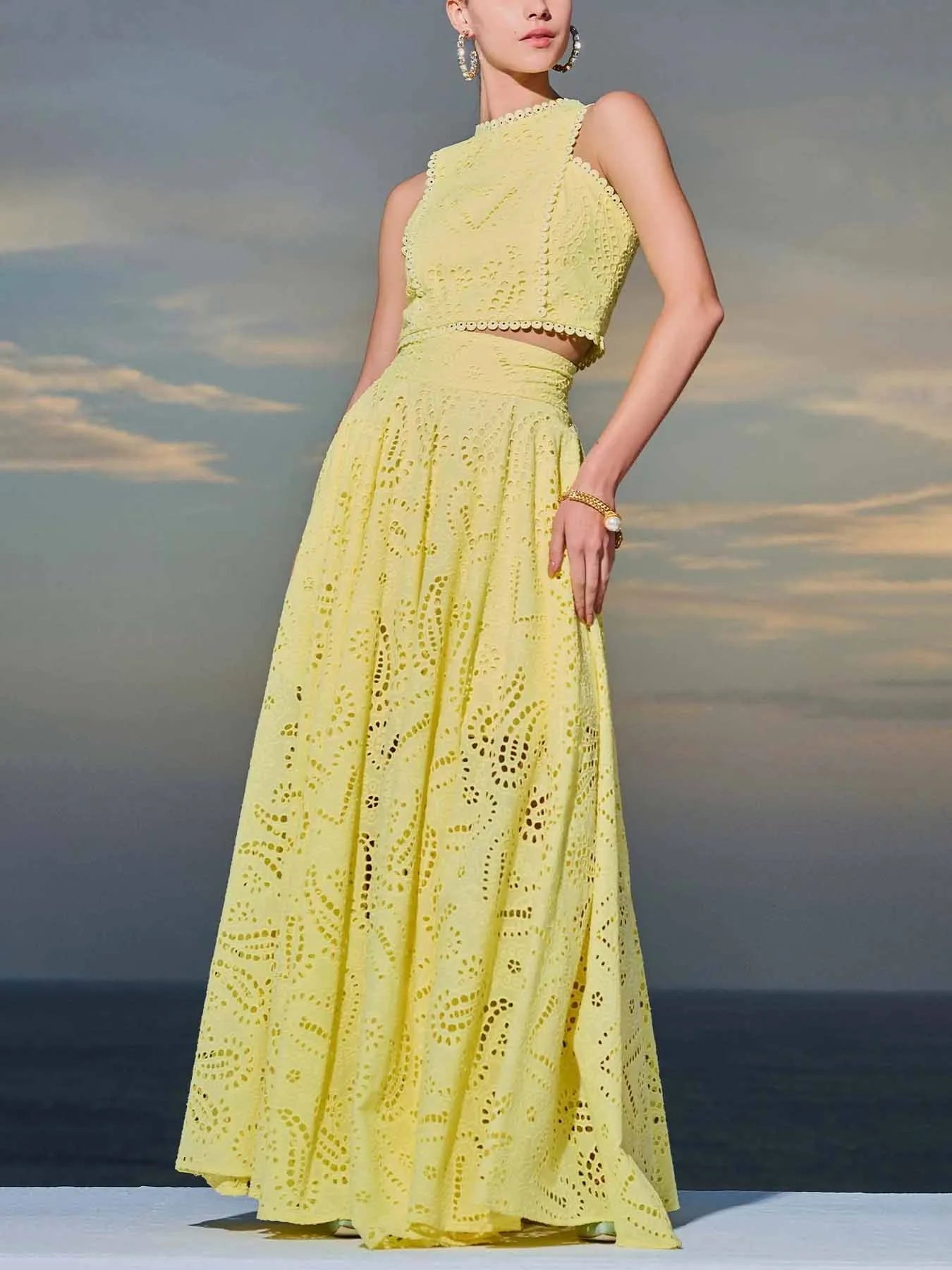LILA™ | Long A-Line Skirt with Embroidered Hollow Lace