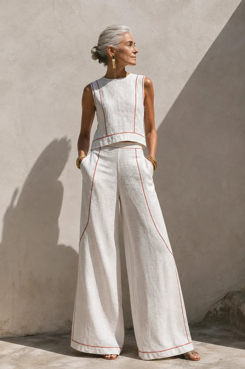 Elegant Contrast-Stitched Pants Set