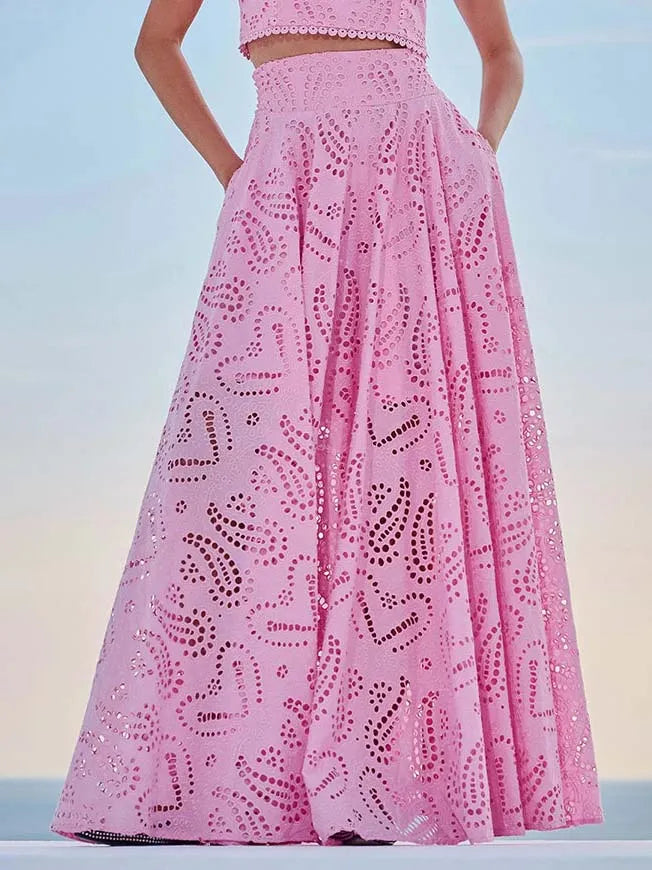 LILA™ | Long A-Line Skirt with Embroidered Hollow Lace