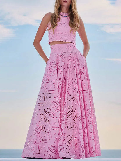 LILA™ | Long A-Line Skirt with Embroidered Hollow Lace