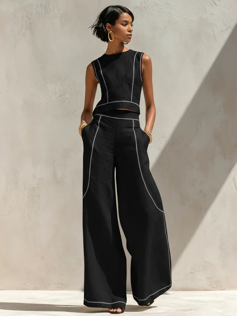 Elegant Contrast-Stitched Pants Set