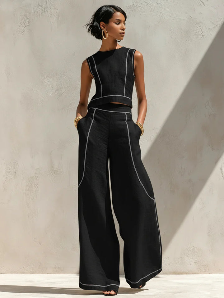 Elegant Contrast-Stitched Pants Set