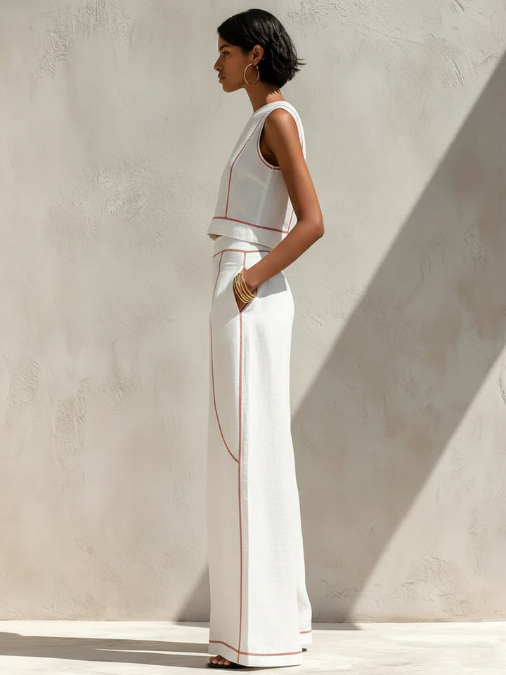 Elegant Contrast-Stitched Pants Set