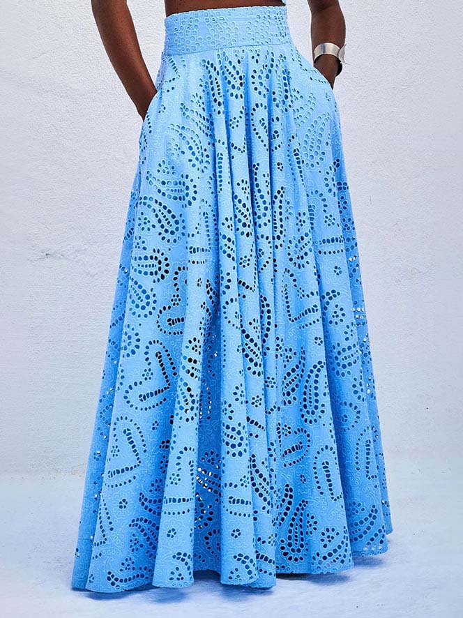 LILA™ | Long A-Line Skirt with Embroidered Hollow Lace