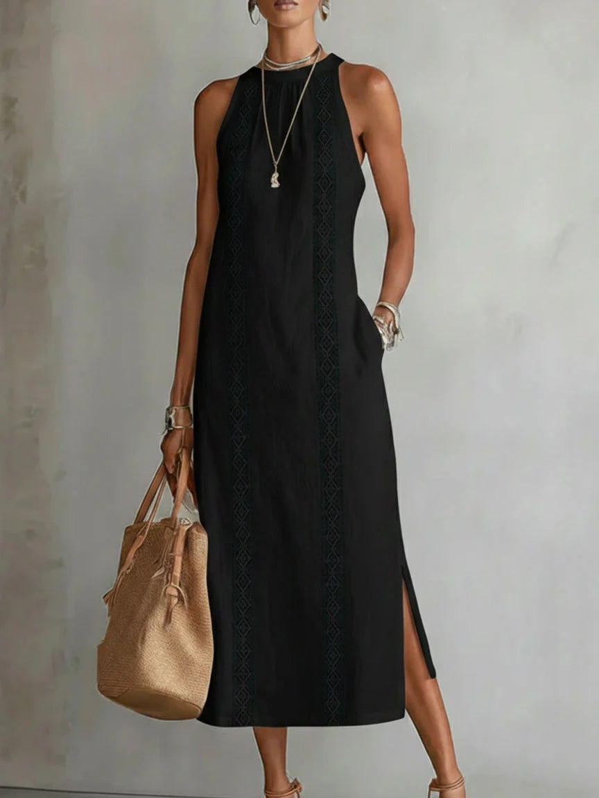 Lorna | Linen Midi Dress with Mao Collar